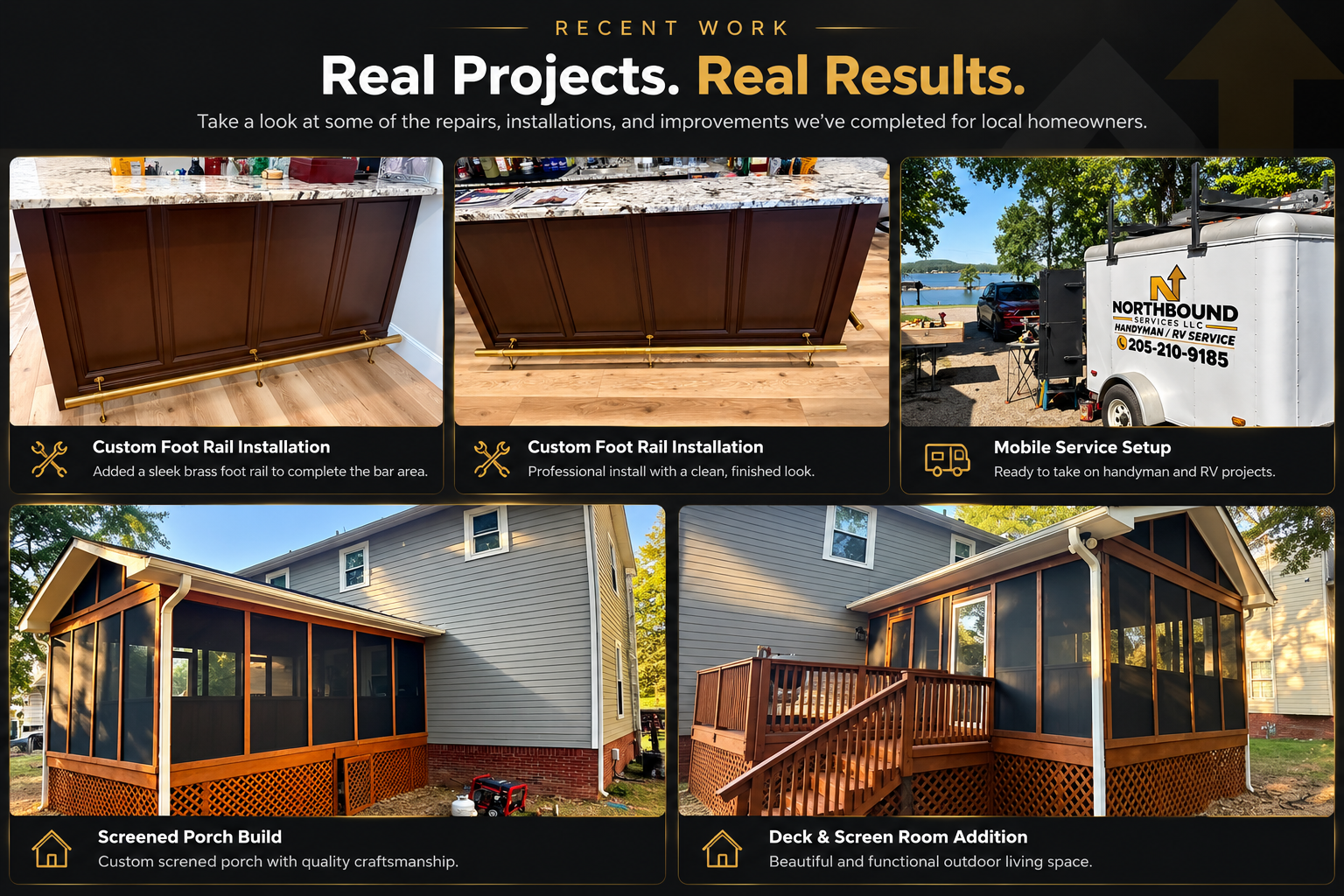 Recent Northbound Services handyman projects including custom foot rail installation, screened porch work, and mobile service setup.